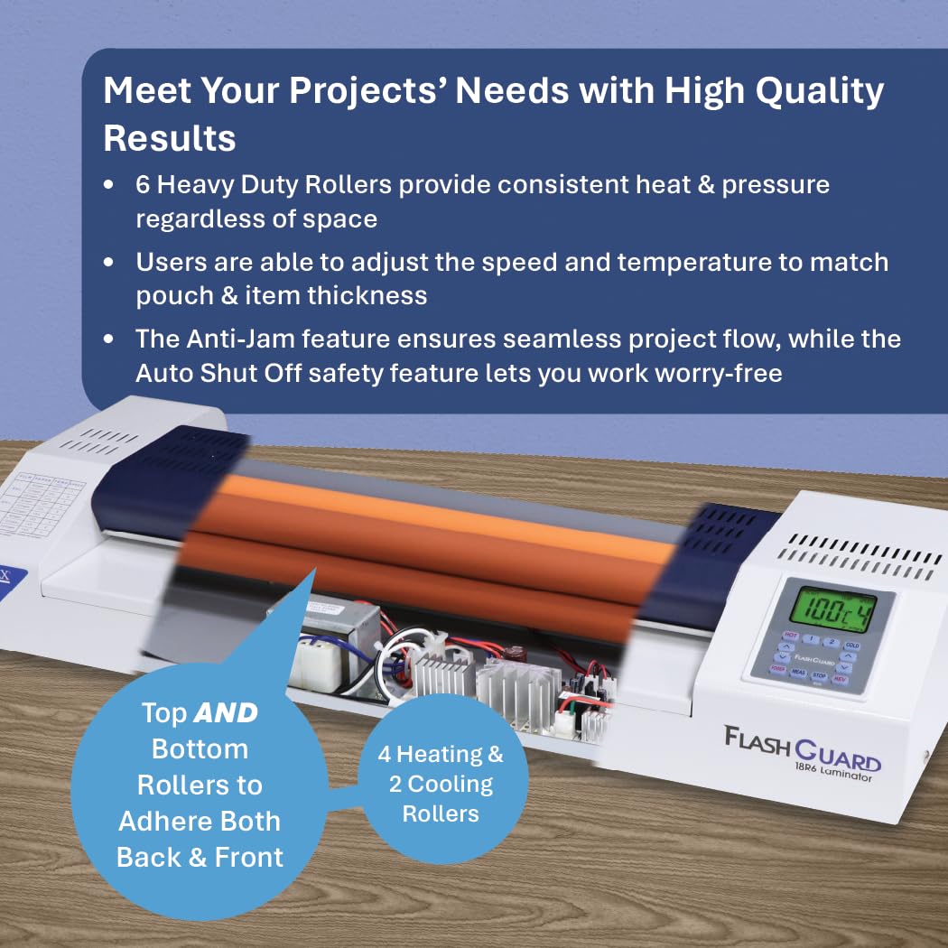 Formax FlashGuard 18R6 Laminator; 1500W; 110-120V, 50/60Hz; 15A; 18" Infeed; Heavy-Duty 6 Roller System; All-Metal Construction; Graphics-Based LCD Screen; Variable Temperature and Speed