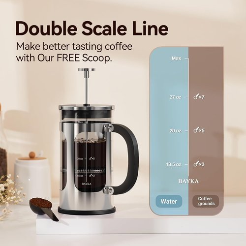 BAYKA French Press Coffee Maker - 34oz Cold Brew & Iced Coffee Pot | Durable Borosilicate Glass, Silver