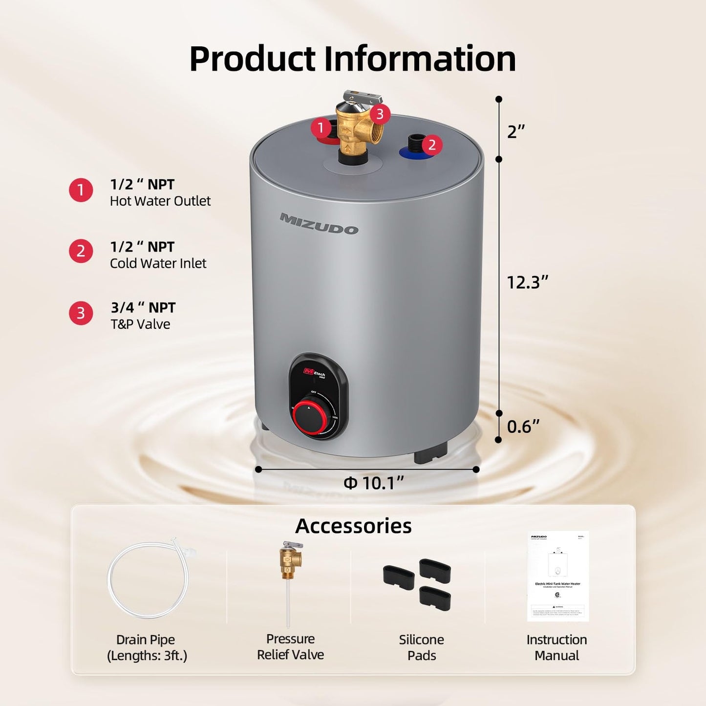 MIZUDO Electric Hot Water Heater Tank 10 Gallon with Small Hot Water Heater 1.5 Gallon