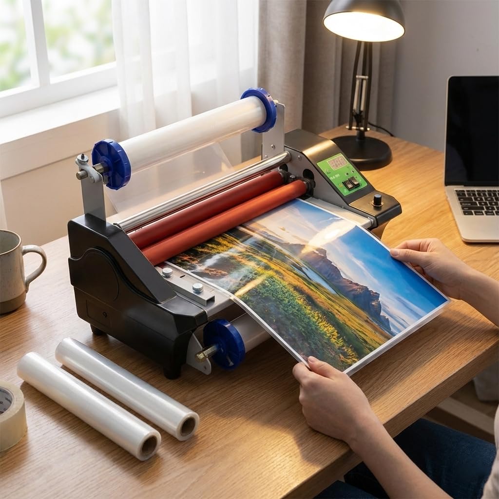 MXBAOHENG 13.78” Laminating Machine with 2 Rolls of Film, 110V Hot Cold Roll Laminator with Adjustable Speed Function, A3/A4 Digital Display Electric Laminator, Single- & Double-Sided Lamination