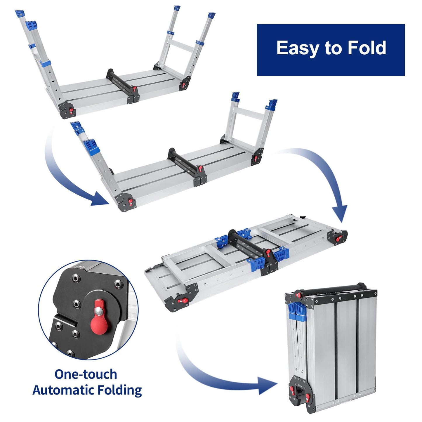 Foldable Aluminum Work Platform, 12.7 lb, Easy-Installation, Capacity of 500 lbs, Non-Slip, Step Stool for Adults with Adjustable Height, Heavy Duty & Portable Step Ladder