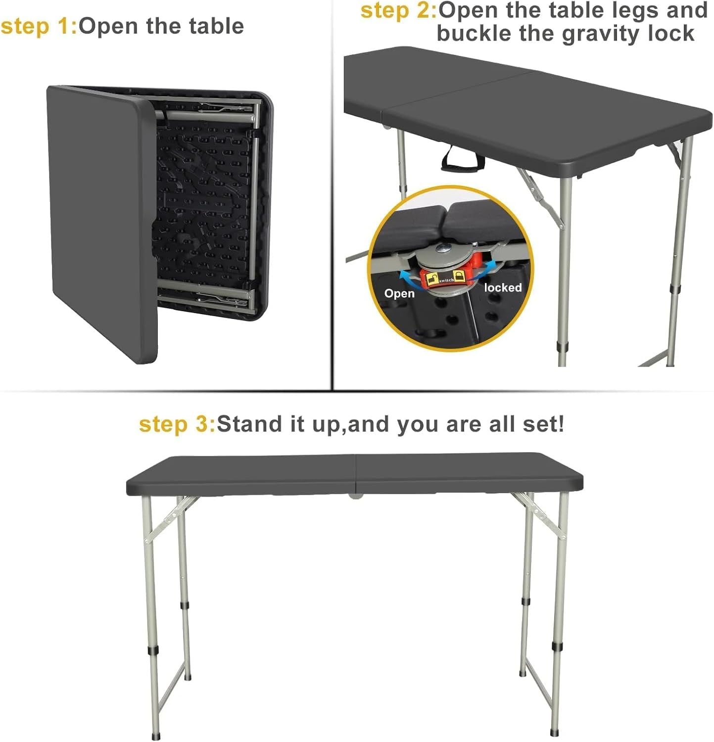 Skiennix 4-Foot Folding Table - Adjustable Height 22-30 Inches | Heavy-Duty Portable Plastic Table for Indoor & Outdoor Use