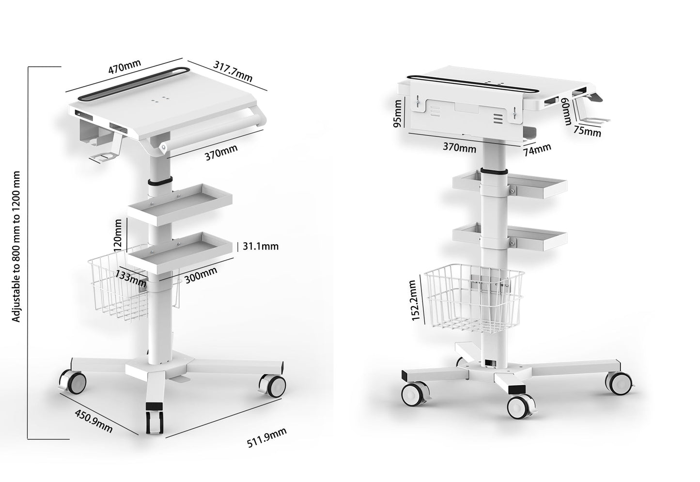 MB-C07 Height Adjustable, Anti-Theft, Anti-Slip Medical Laptop Workstation Trolley Cart With Wheels, Oral Scanner Holder, Basket Storage, Dual Tray | Large Tabletop for Dental Office, Hospital, Clinic