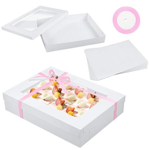 Chivertion 5 Set Full Sheet Cake Box 26 x 18 x 4 Inch with Cake Boards and Pink Satin Ribbon Large Rectangle Bakery Boxes with Window White Bakery Boxes for Packaging Cupcakes Muffins Pie