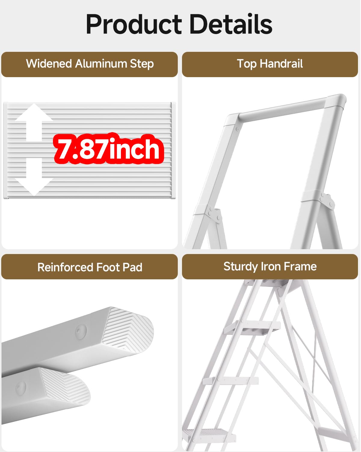 SOLADDER 6 Step Ladder with Handrails, Anti-Slip and Foldable Step Stool with Widen Pedals, Portable Stepladders for Home, Kitchen and Indoor, Space Saving -300lbs (White)