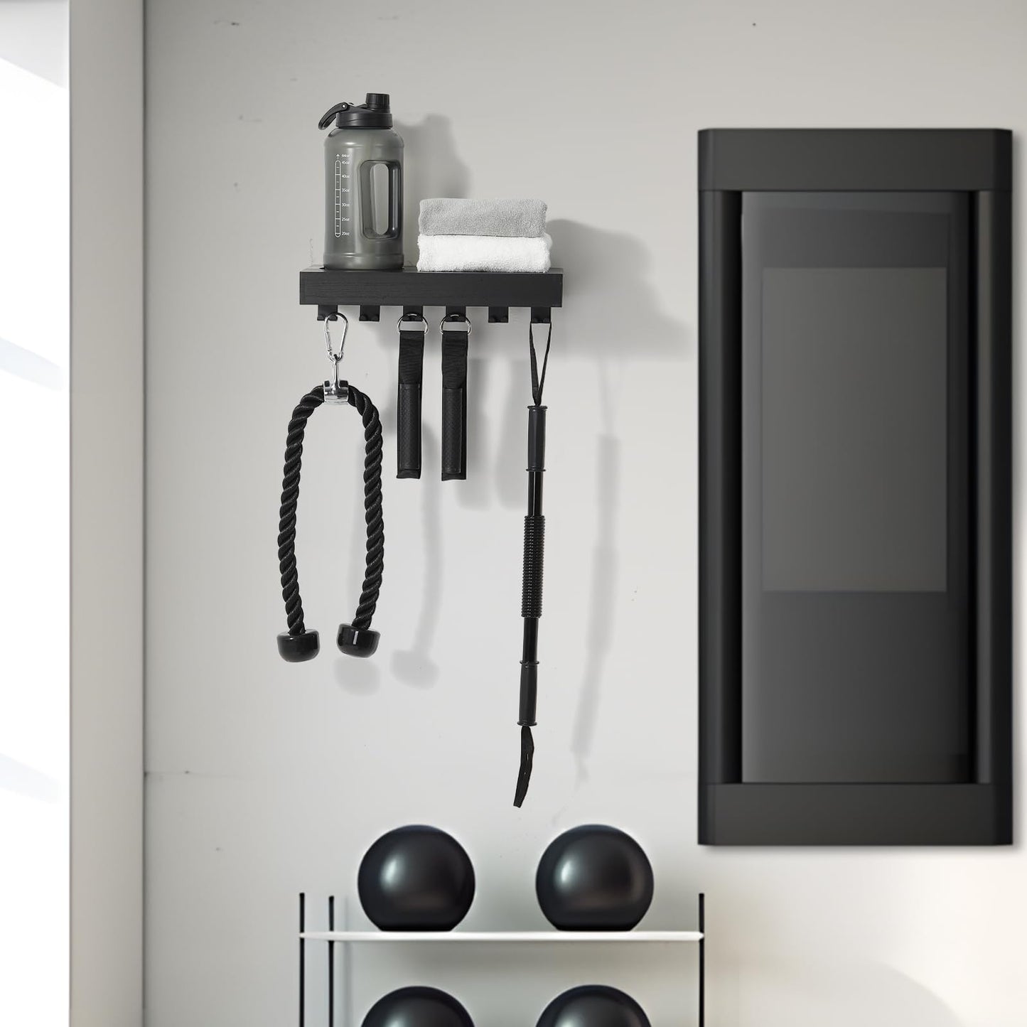 Wishtofly Tonal Accessory Shelf, Wall Mount Floating Shelf Organizer Fits Various Home Gym Accessories, Heavy Duty Space Saving Tonal Storage Rack with 6 T-Locks Clips Hooks Adapters Hanger, Black