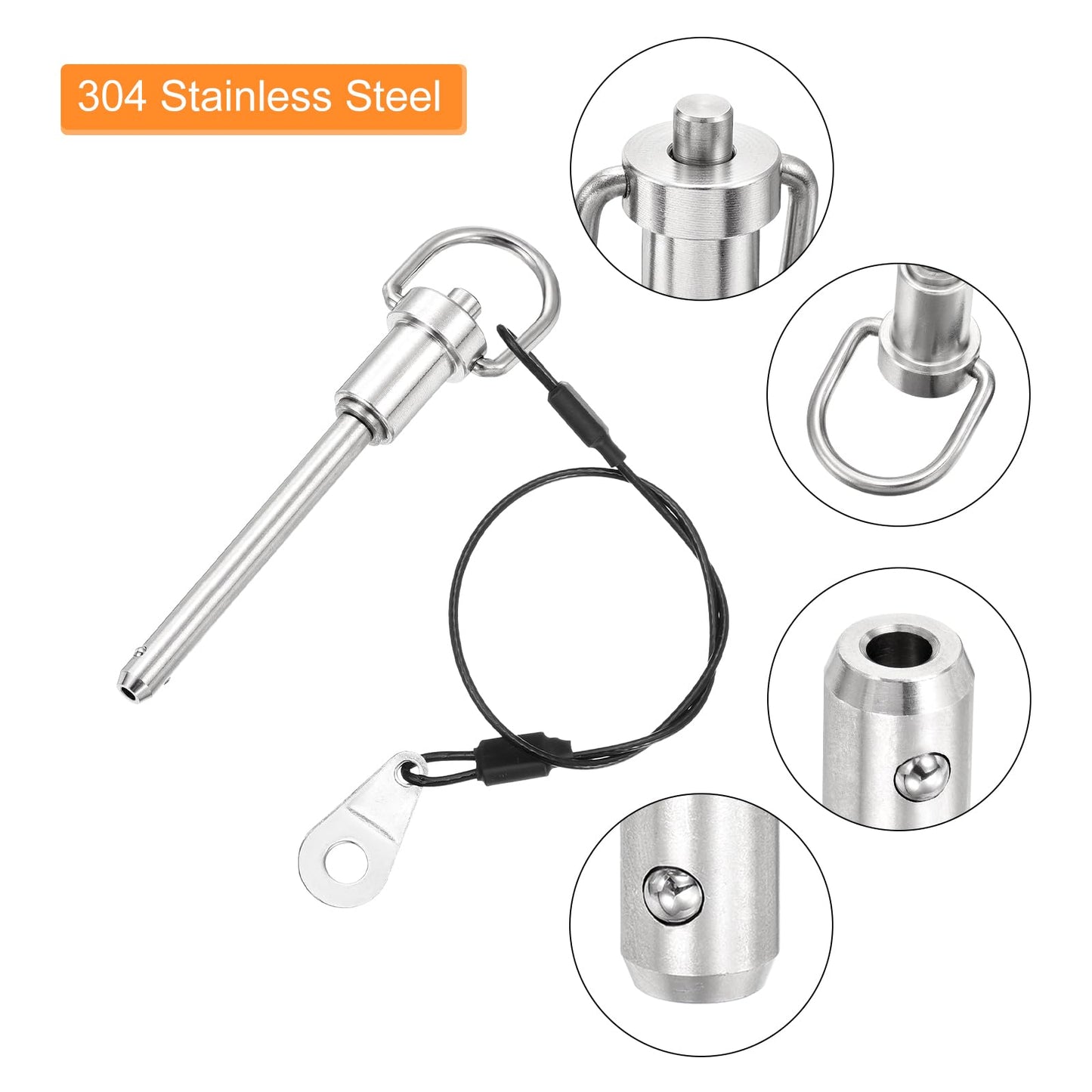 uxcell 2 Pcs Quick Release Pin, 1/4" x 2"(Dia. x L) Push-Button Ball Locking Pin 304 Stainless Steel Ring Handle Locking Pin with Wire for Audio Bimini Top Marine, Silver