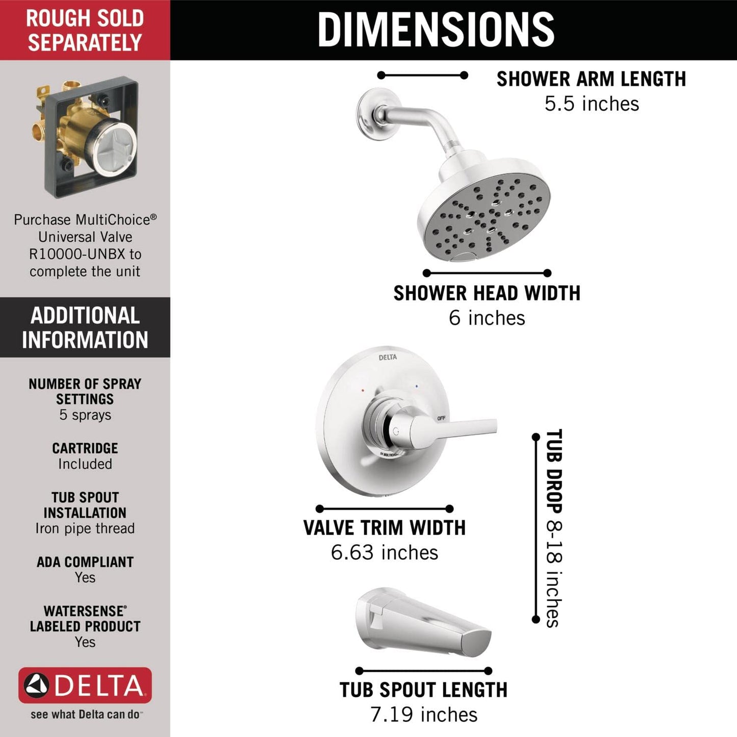Delta Faucet Galeon 14 Series Chrome Tub Shower Faucet Set with H2Okinetic Shower Head, Shower Trim Kit, Shower Fixtures, Bathtub Faucet Set, Lumicoat Chrome T14472-PR (Valve Not Included)