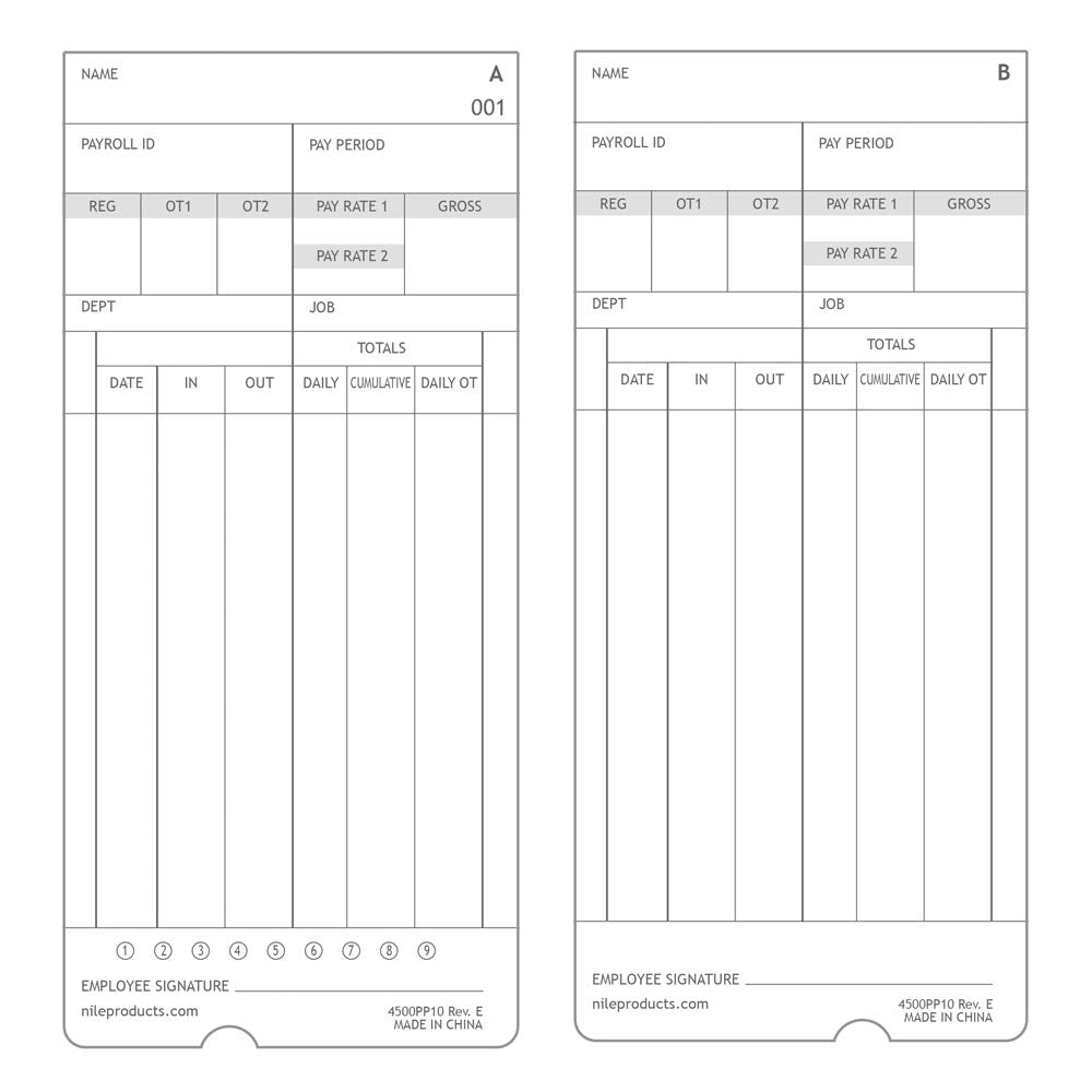 Nile Products - Authentic Time Cards for Nile Products 4500PP Compatible [ 4500PP10MB ] Electronic Calculating Time Clock, Double Sided Time Sheets (3.37 x 7.37 Inches) - 1000 Time Cards