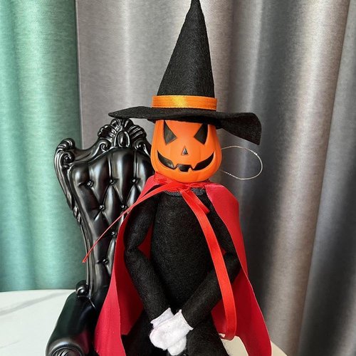 DANONI Halloween Pumpkin Elf Doll - Handmade Toy with Black Hat & Cape for Autumn Decor (Red)