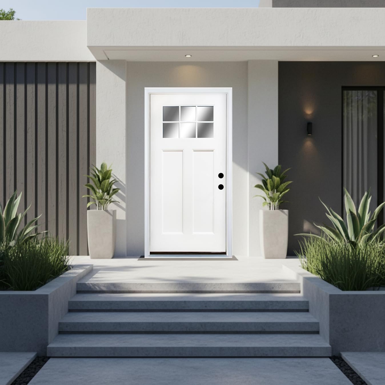 36‘’ x 80‘’ White Fiberglass Entry Door with Frosted Glass, Front Door with White Vinyl Frame and Brickmould, Left Inswing Exterior Door for Residential Entrance