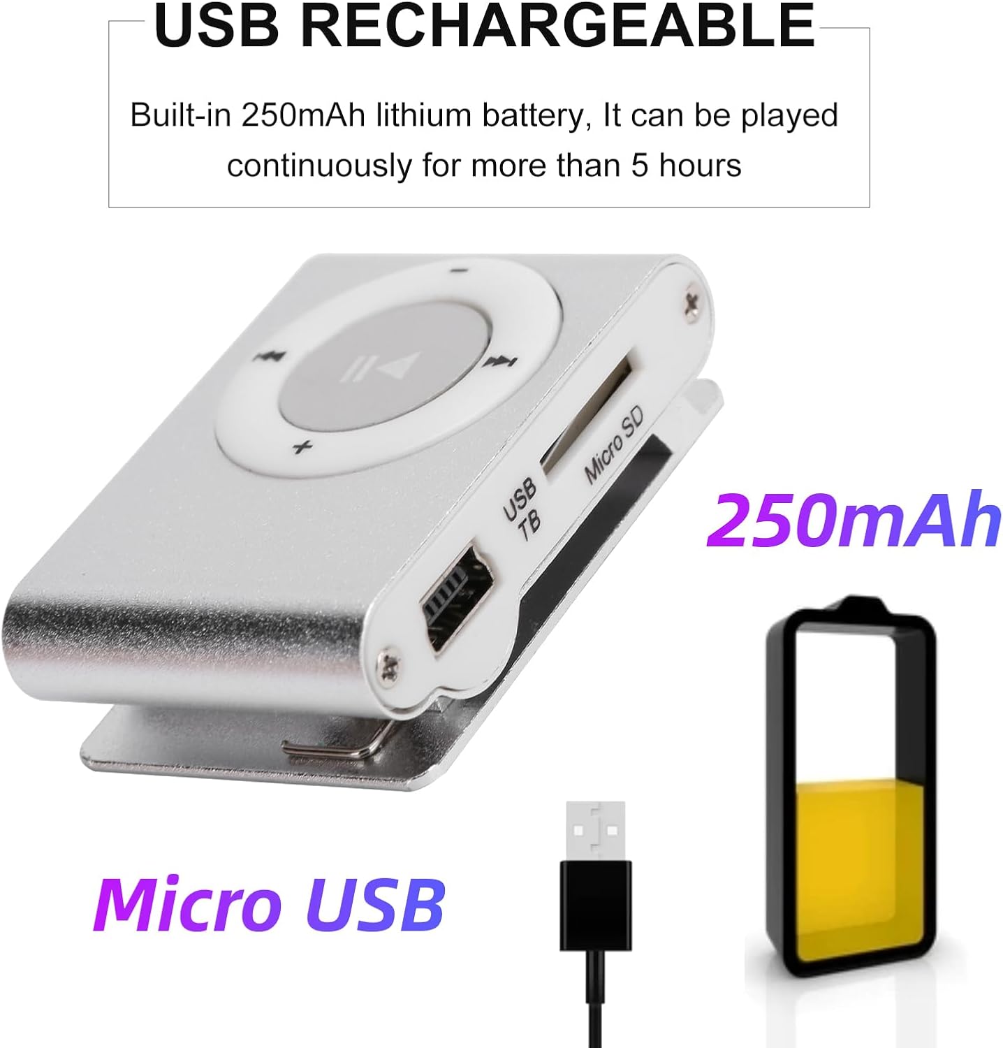 Wisoqu MP3 MP3 Player, Portable Digital Music Media Player Mini Back-Clip Player with Earphone and USB Cable