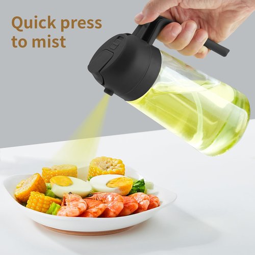 DOPUDO Oil Sprayer for Cooking, 2 in 1 Olive Oil Dispenser Bottle for Kitchen, 16oz/470ml Premium Glass Oil Bottle, Food-grade Oil Mister for Air Fryer, Salad, Frying, BBQ (Creamy Black)