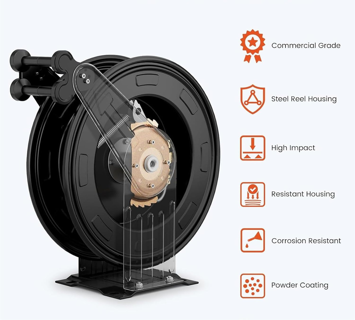 Retractable Hose Reel, Double Arm 3/8 in x 50 ft Heavy Duty Steel Professional Power Wash Hose Reel for Oil/Air/Water 4000 PSI with 5 ft Lead [Pressure cleaning hose not included ]