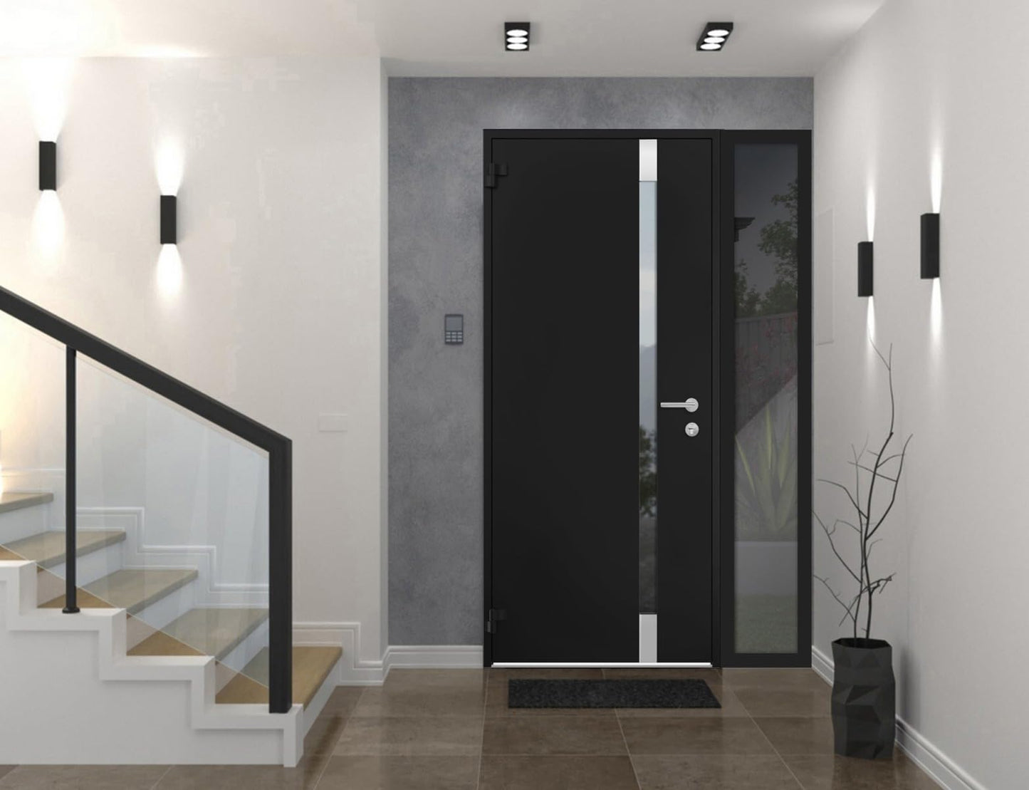 VDOMDOORS Front Exterior Prehung Steel Door/Cynex 6777 Black/Side Exterior Window/Stainless Inserts Single Modern Painted-W32+12" x H80-Right-hand Inswing