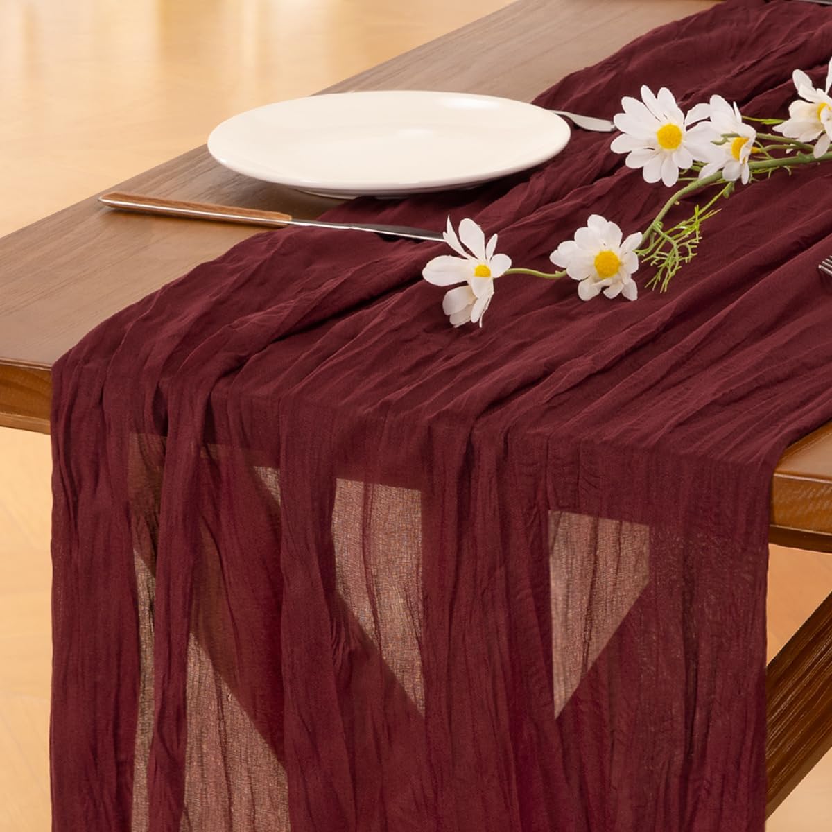 Socomi Burgundy Red Cheesecloth Table Runner - 120 Inch Boho Rustic Decor for Weddings & Events
