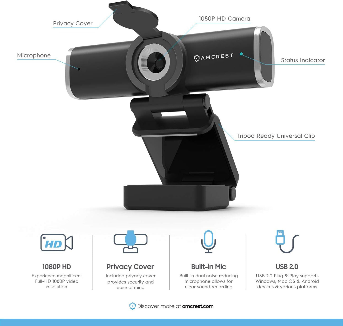 Amcrest 1080P (AWC195-B) Webcam with Microphone for Desktop, Web Cam Computer Camera, Streaming HD USB Web Camera