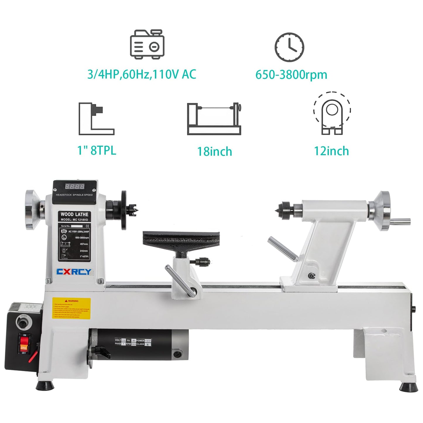 CXRCY 12" x 18" Wood Lathe, Benchtop Wood Lathe Machine 3/4 HP Infinitely Variable Speed 650-3800 RPM with Goggle for Woodworking, Woodturning