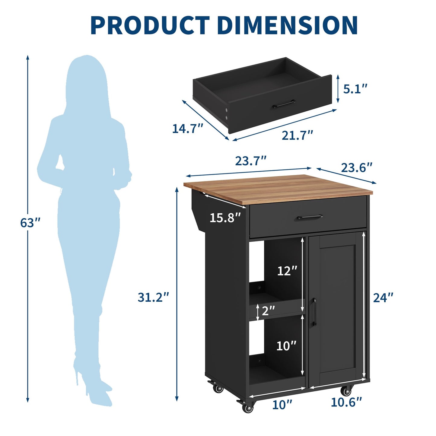 GarveeLife Kitchen Island with Drop Leaf, Rolling Kitchen Island on Wheels with Storage, Island Cart with 2 Open Shelves,1 Drawer for Kitchen, Dining Room