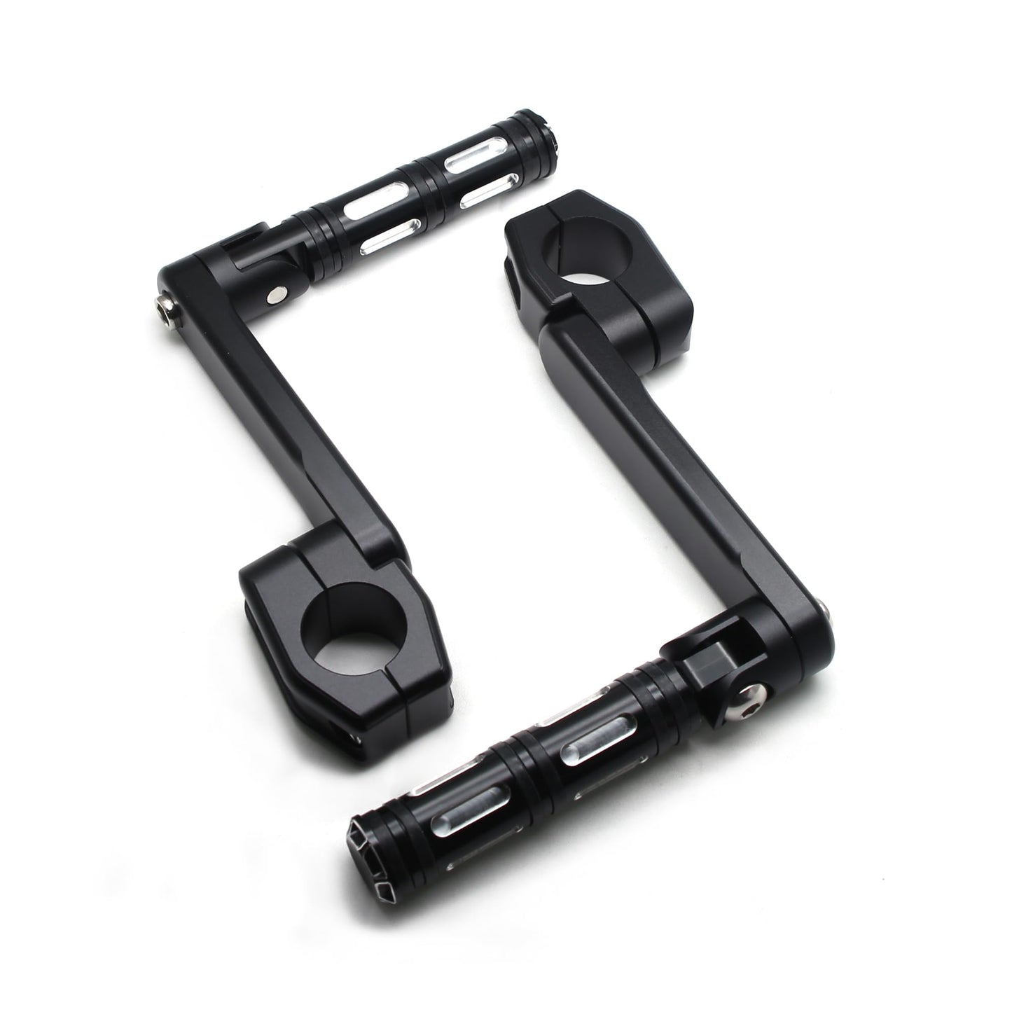 MZS Motorcycle Highway Pegs, 1.25" CNC Highway Foot Pegs Adjustable Long Angled Mount Clamps Compatible with Road King Sportster Softail Street Electra Glide Dyna Rebel Shadow for 1 1/4 Crash Bar