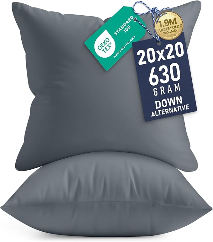Utopia Bedding 20x20 Pillow Inserts, Set of 2, Grey – Indoor Decorative Throw Pillows for Bed, Sofa & Couch – Soft, Supportive & Fluffy Cushion Inserts