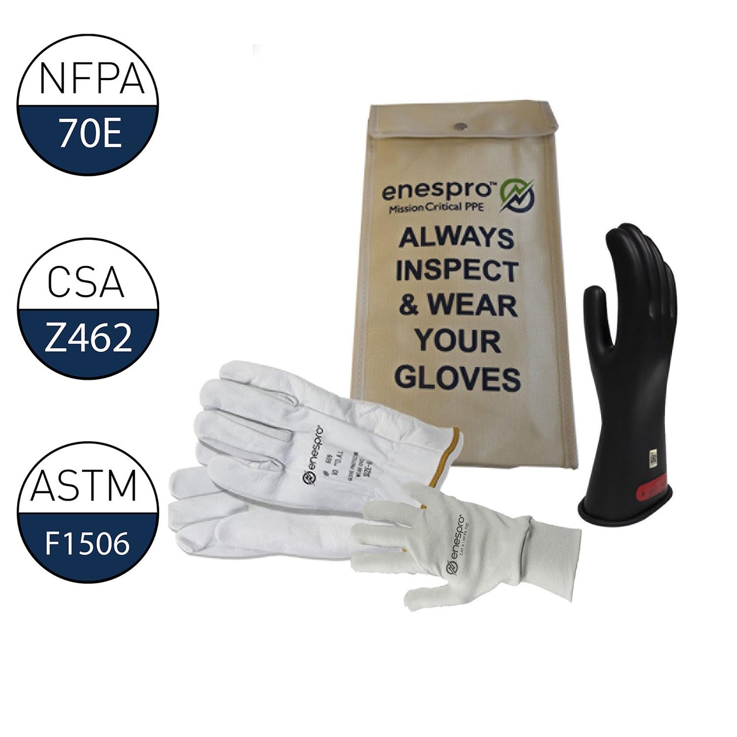 Enespro Class 0 Premium Electrical Gloves Kit, 1000V AC / 1500V DC Black Insulated Rubber Gloves with Leather Protectors, Electrical Work Gloves for Linemen, and Utility Workers