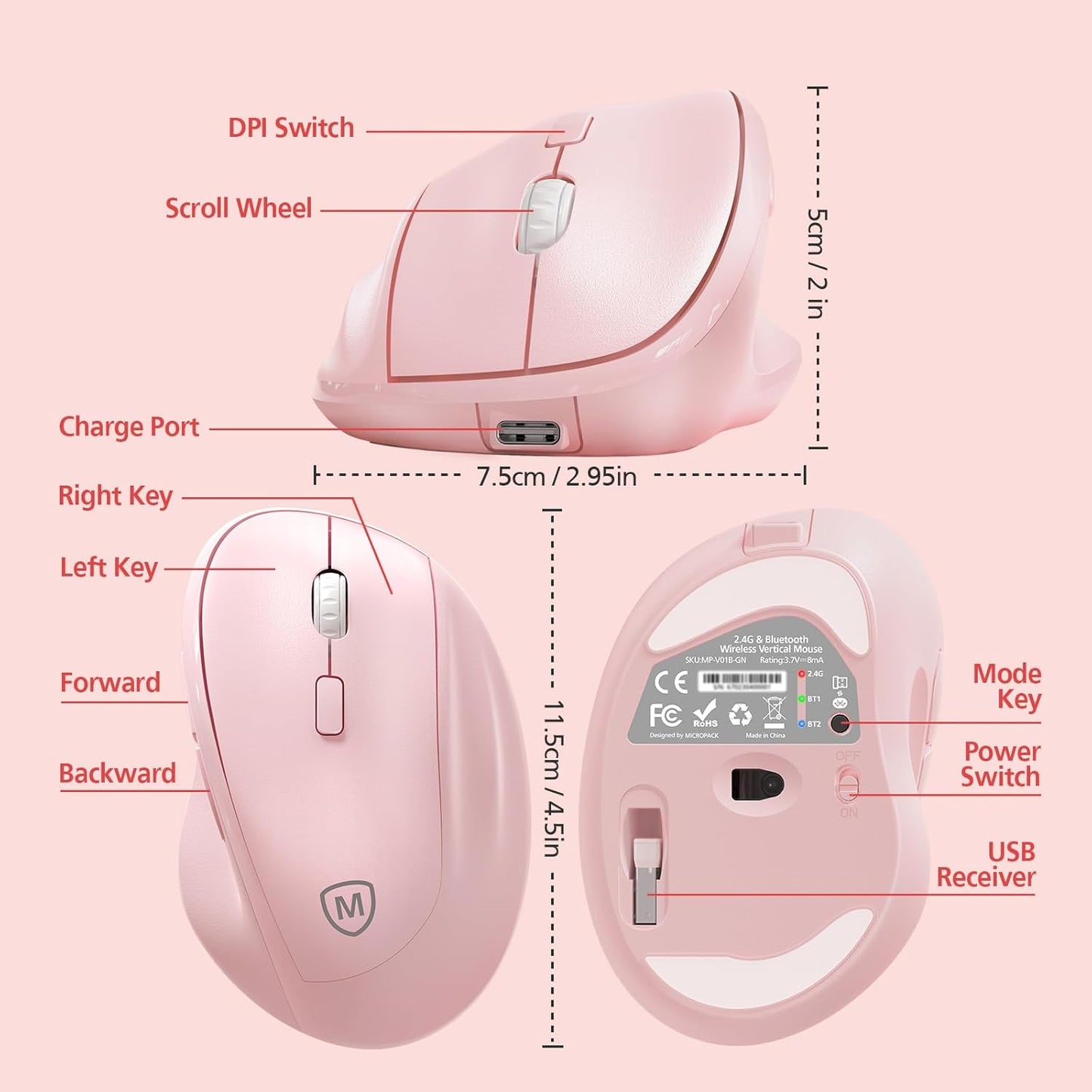 MICROPACK Digitally Yours Micropack 3-Mode 2.4G Wireless Bluetooth Mouse Ergonomic Vertical for Laptop MacBook PC