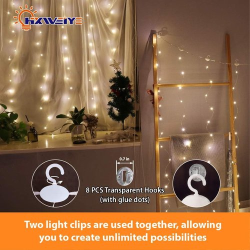 HXWEIYE Short Curtain Lights - 96 LED Warm White Fairy Lights with Timer & Clips | 3.3x5 Ft for Bedroom & Events