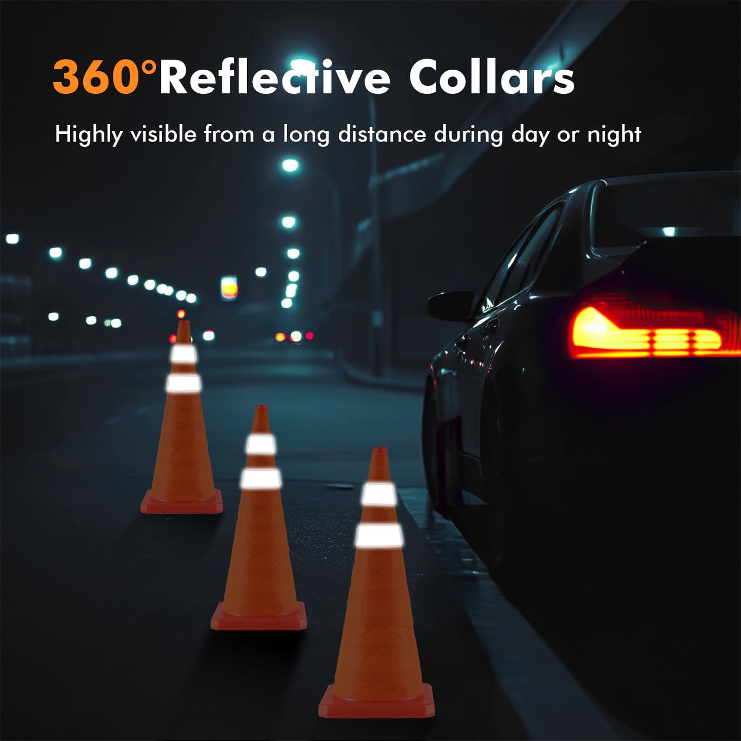 Jade Butterfly 28 Inch 4 Pack Collapsible Traffic Safety Cones, Orange Cones with Reflective Collar, Portable Multipurpose Traffic Cones for Parking Construction Driving Training Sports Practice