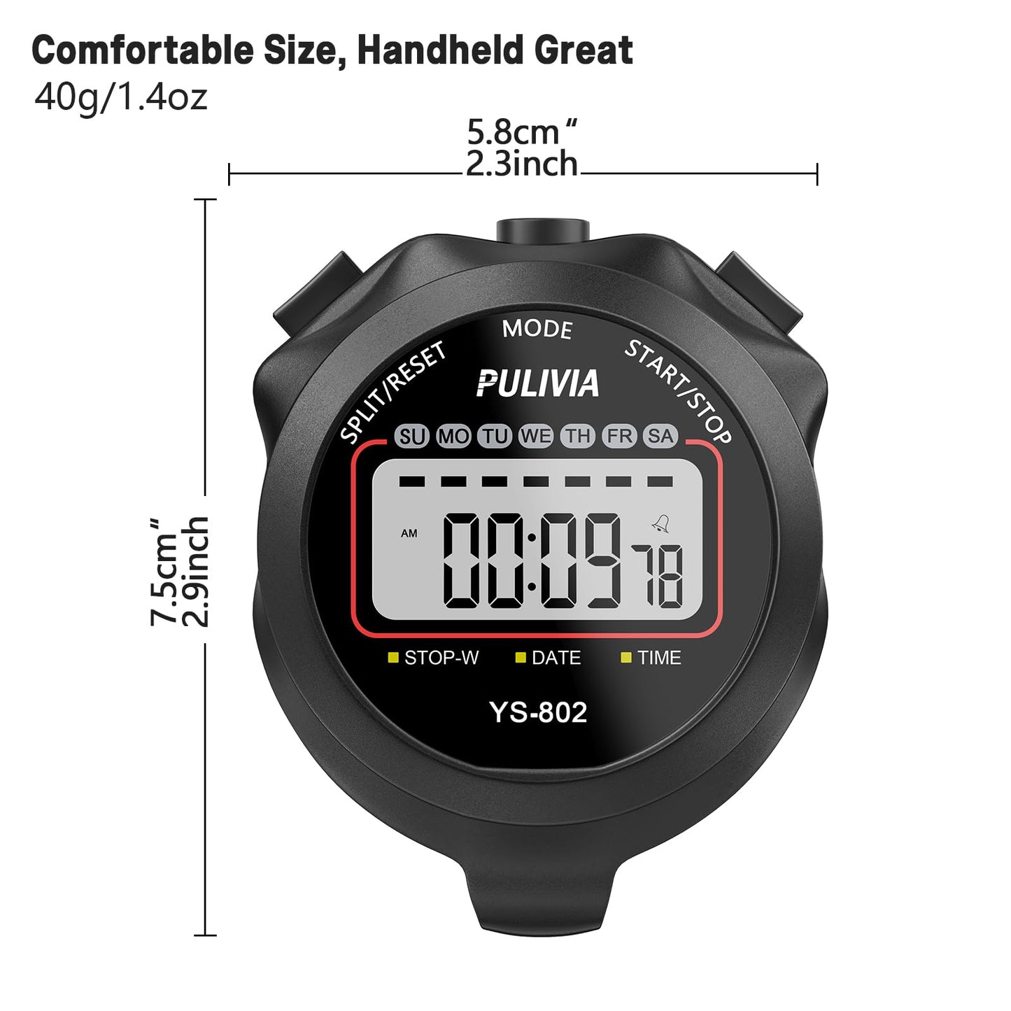 PULIVIA Sports Stopwatch Timer, Single Lap Split Digital Stop Watch for Sports Kids Coaches Swimming Running, Black