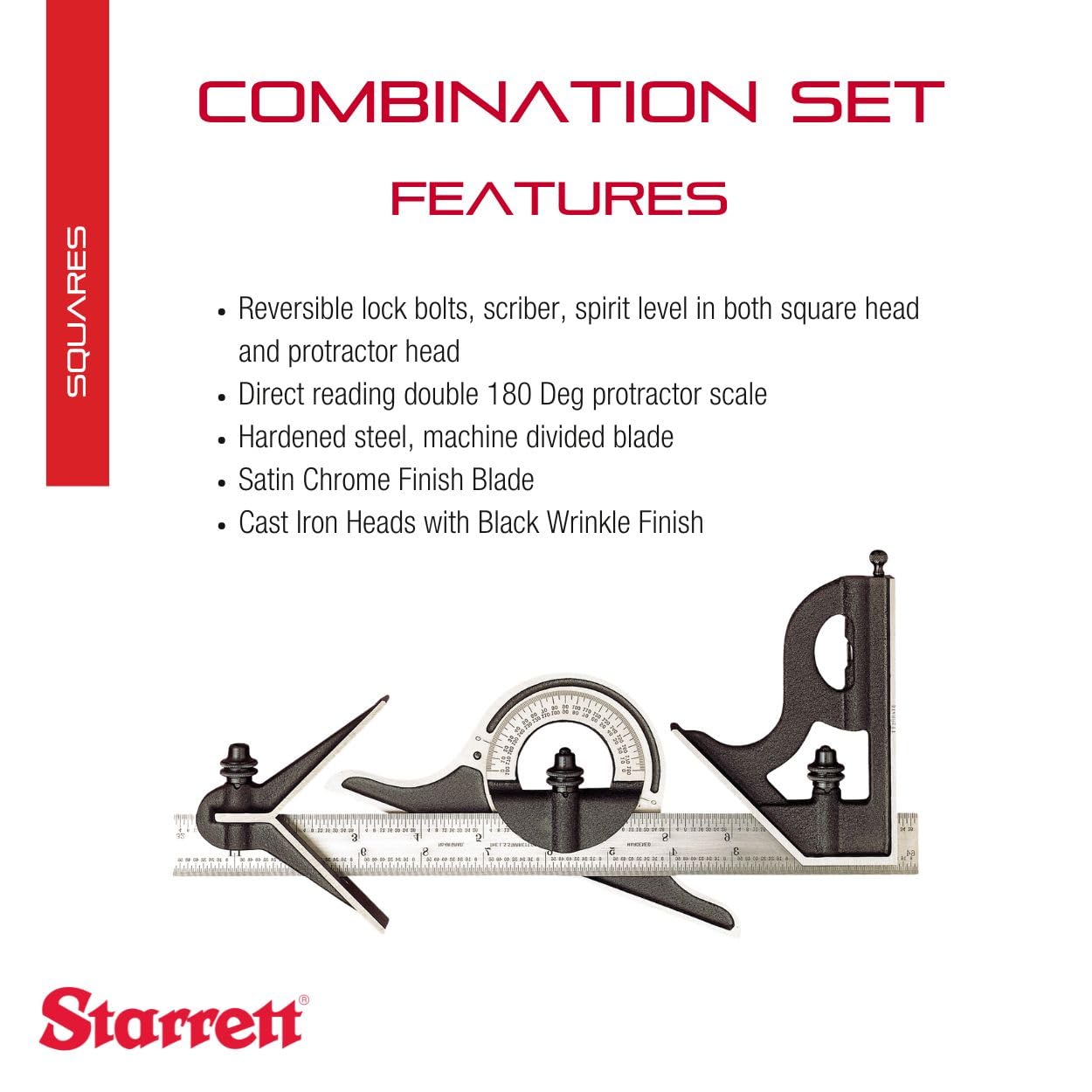 Starrett Combination Set with Square, Center and Reversible Protractor Head and Blade - 300mm Blade Length, Cast Iron Heads, Hardened Steel, 35 Graduation Type - 435M-300