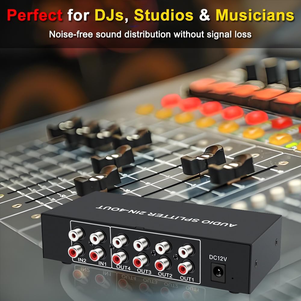 2 4 in Out RCA L/R Audio Splitter Stereo Line Level Distributor Mixer with Independent Volume Control for Home Theater