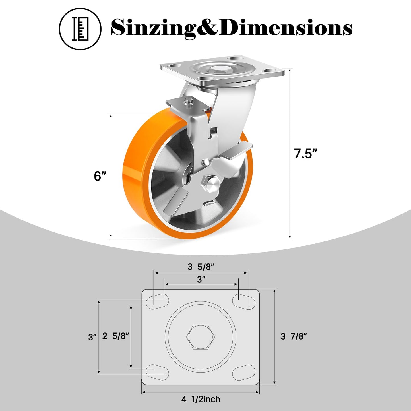 W B D WEIBIDA 6 Inch Industrial Grade Casters Set of 4, Heavy Duty Casters Wheels with Brake 5000 Lbs, Maintenance-Free Polyurethane on Aluminum Wheels, Plate Swivel Casters for Machine, Equipment
