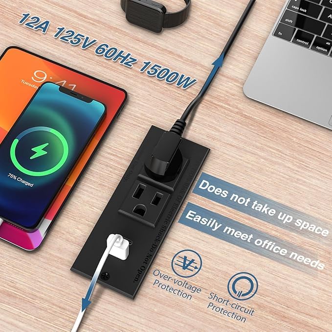 Geao Adapter Inset Small Recessed Power Strip Plug Extension Cord with USB Electrical Outlet Extender Flush Mount Surge