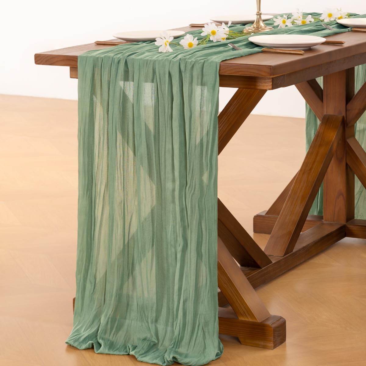 Socomi Cheesecloth Table Runner - Sage Green 120-Inch Boho Rustic Decor for Weddings & Events