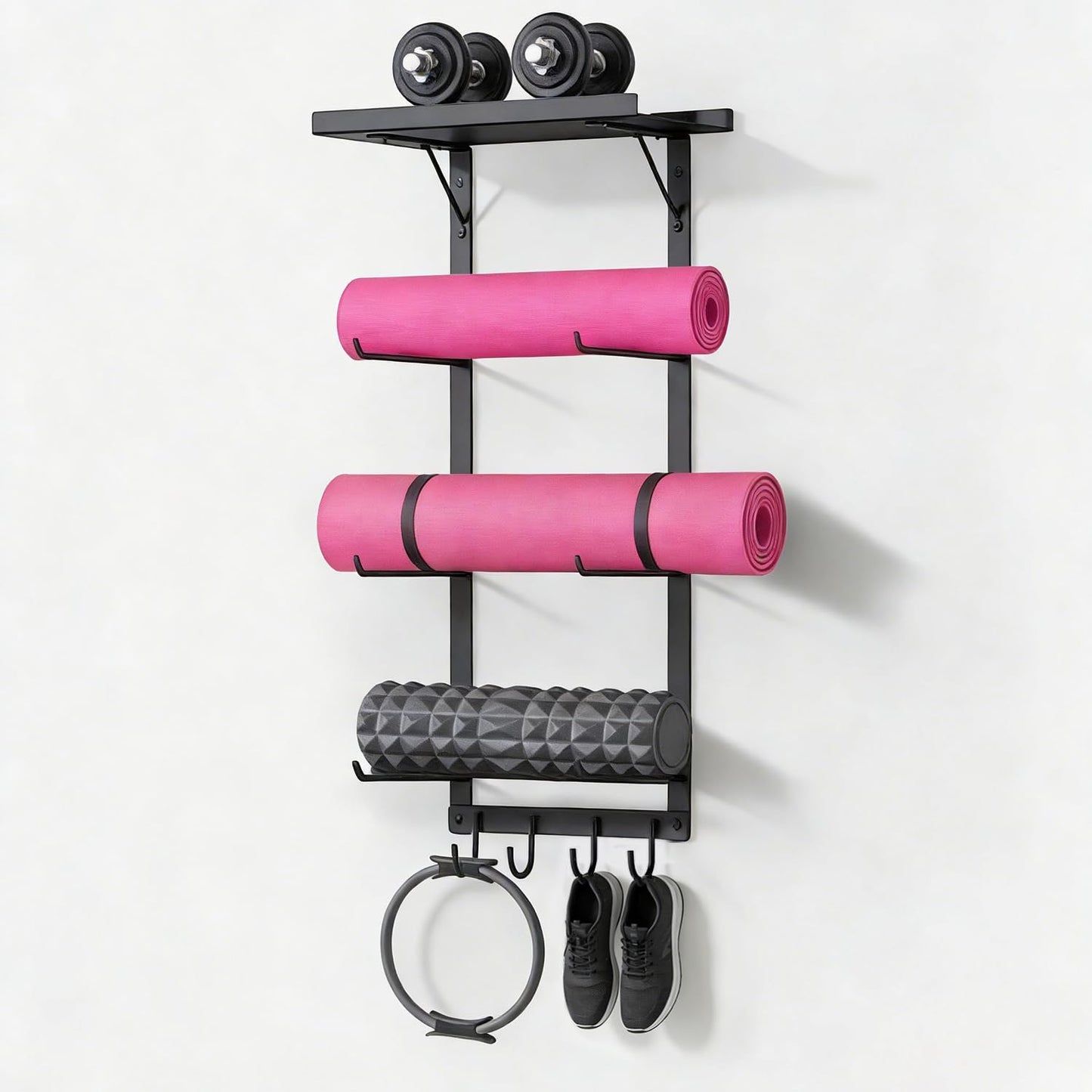 LFIPYM Black Wall Mount Yoga Mat Holder with Floating Shelf & 5 Hooks, Home Gym Storage Rack for Yoga Mats, Foam Rollers and Resistance Bands, Metal