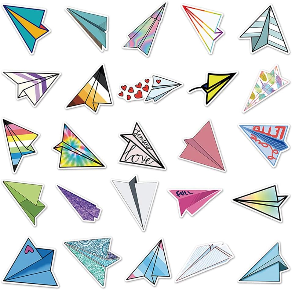Mekycro Pack 50 Set Paper Airplane Stickers PCS, Retro Aesthetic Vinyl Waterproof Die-Cut Colorful Paper Plane Sticker