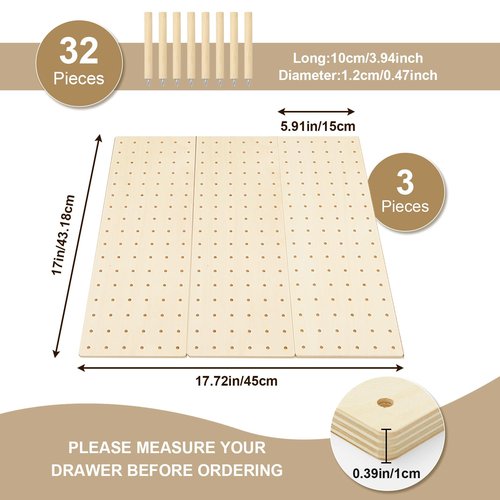 Kigley 3 Pcs Wood Pegboard Drawer Organizer with 32 Pegs Wooden Peg Board Drawer Shelf Organizer Adjustable Peg System for Dishes Plate Pot Container Cookware Utensil Kitchen(17 x 5.91 in)