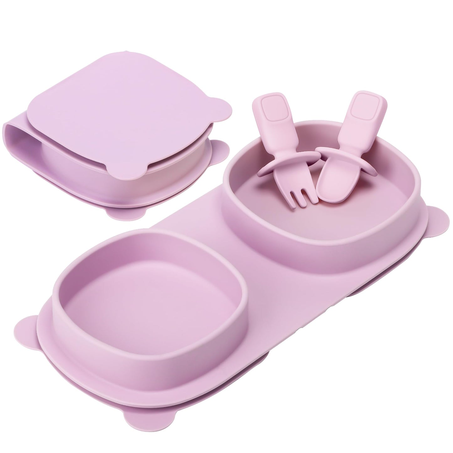 yahaa Baby Plates with Suction with Forks and Spoons, Foldable Silicone Toddler Plates, Baby Travel Essential, Microwave & Dishwasher Safe, Purple