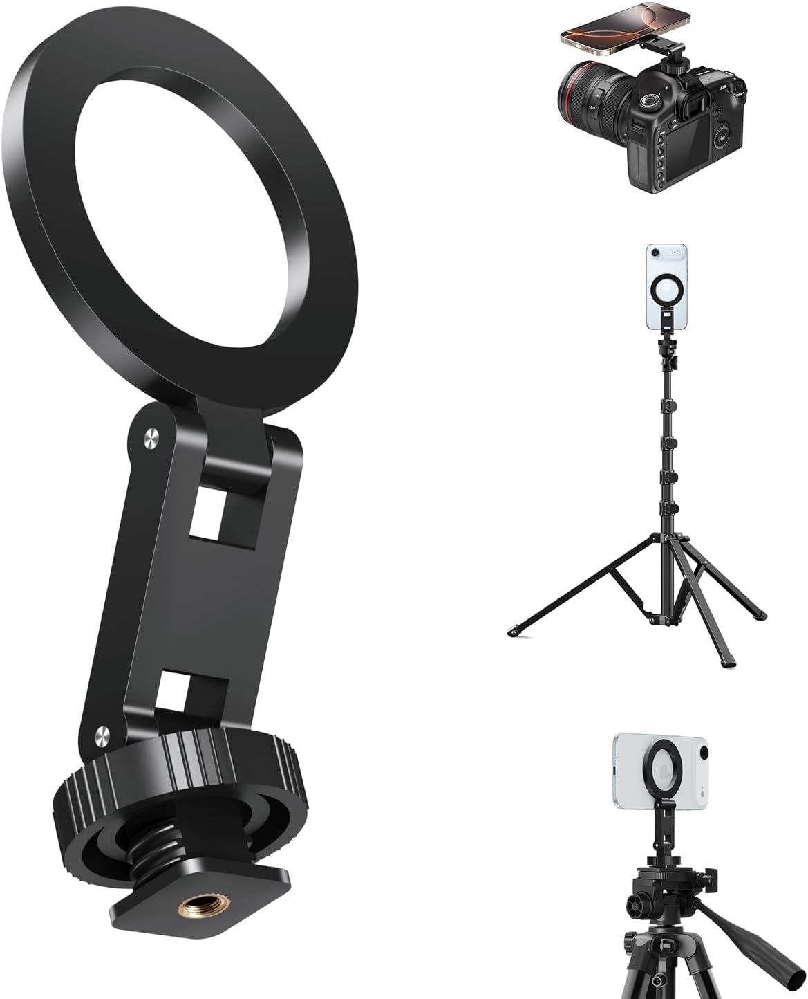 1/4 17 16 15 14 13 elitehood Magsafe Tripod Mount Adapter with Screw & Hot Shoe, Lightweight Compact Cell Phone Tripod
