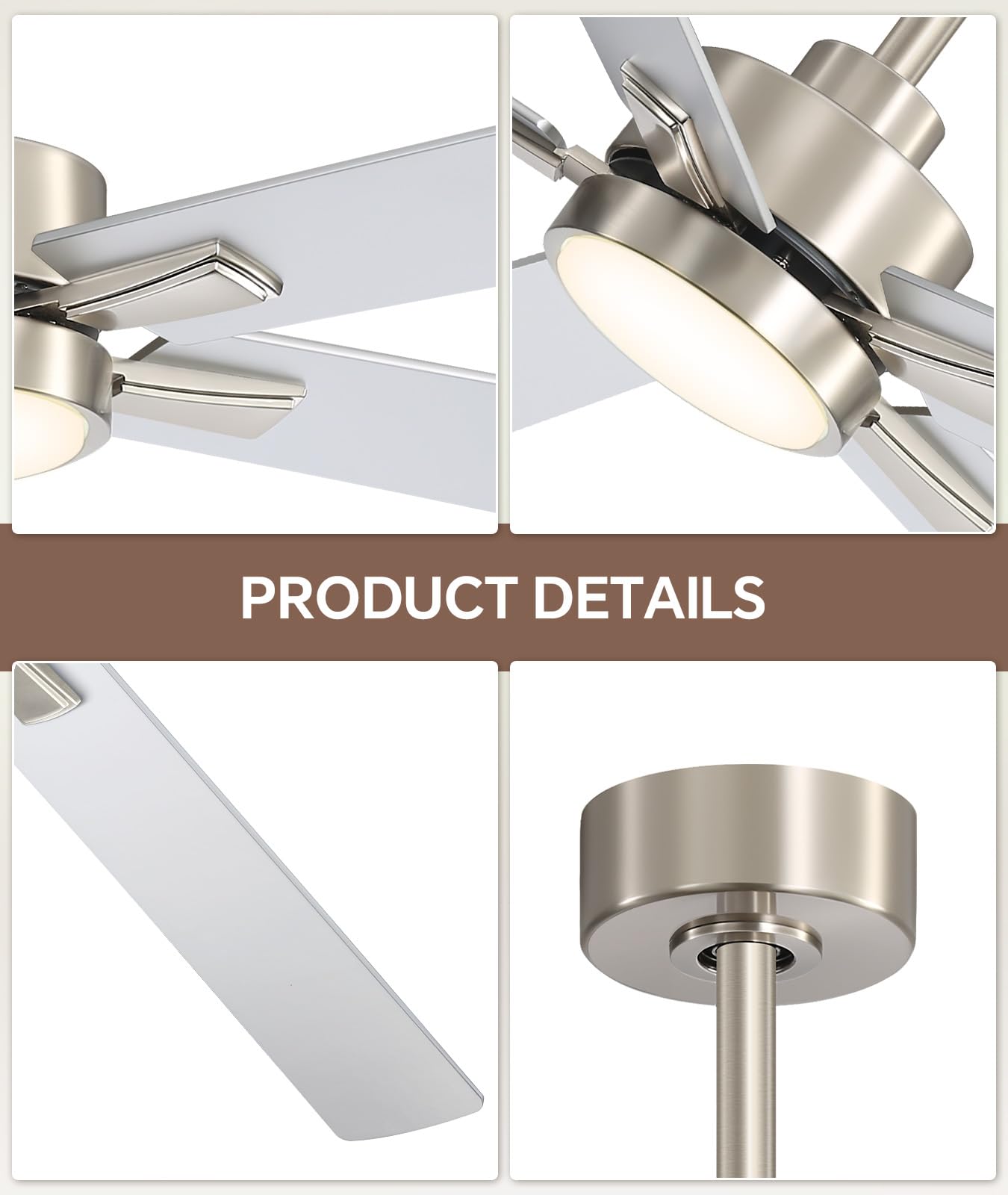 ZYD 52 Inch Brushed Nickel Ceiling Fan, Downrod Mount Brushed Nickel Ceiling Fan DC Motor 6-Speed Reversible, Quiet Ceiling Fans with Lights and Remote for Bedroom, Indoor & Covered Outdoor