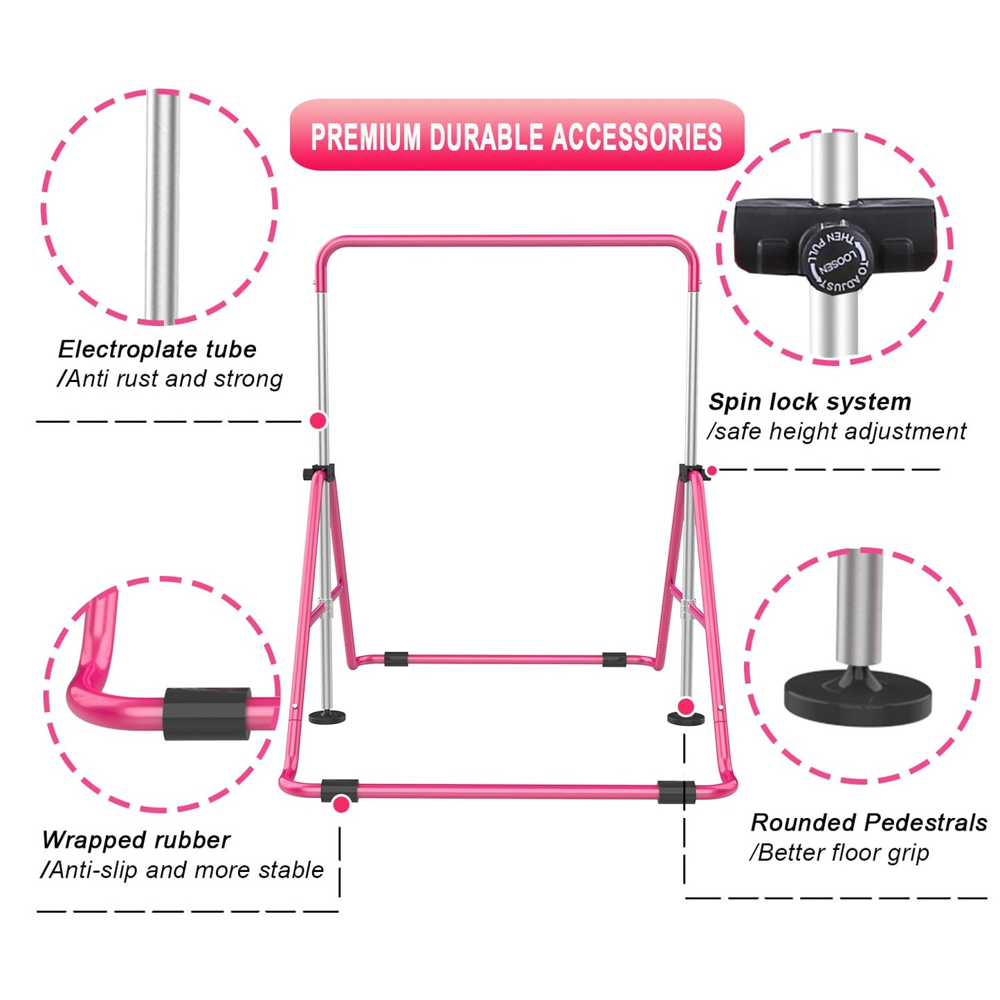 RINREA Gymnastic Bars for Kids with Adjustable Height, Folding Gymnastic Training Kip Bar, Expandable Horizontal Bar for Home (Pink_Mat)