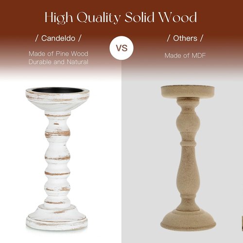 Candeldo Wood Candle Holders - Rustic Pillar Holder Set of 3 | Tall White Farmhouse Decor for Centerpieces