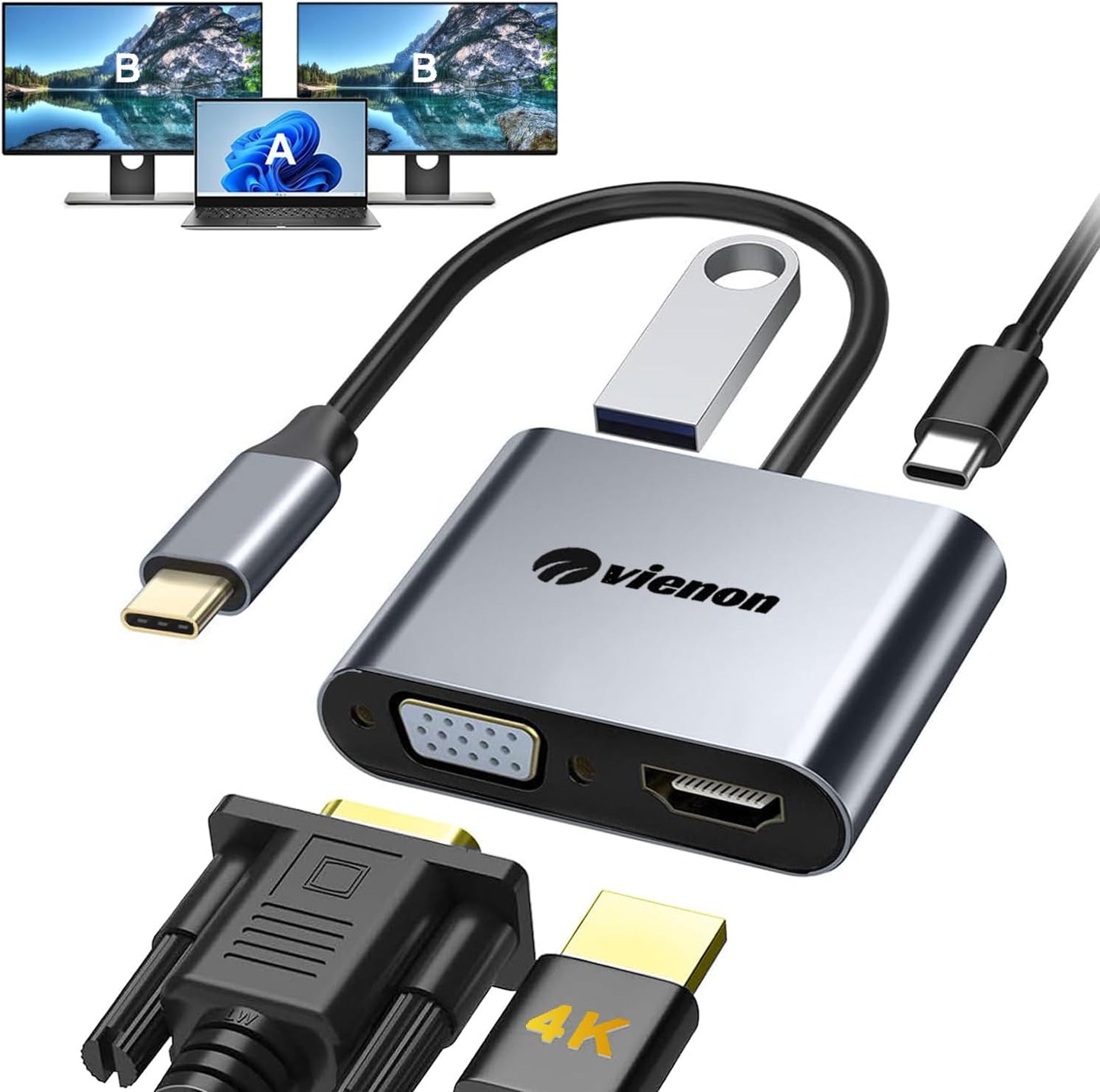 vienon 4 1 4K 1080P 3.0 5Gbps, 100W USB C to HDMI VGA Adapter for Dual Monitor, in USB C Hub with HDMI, VGA, USB PD
