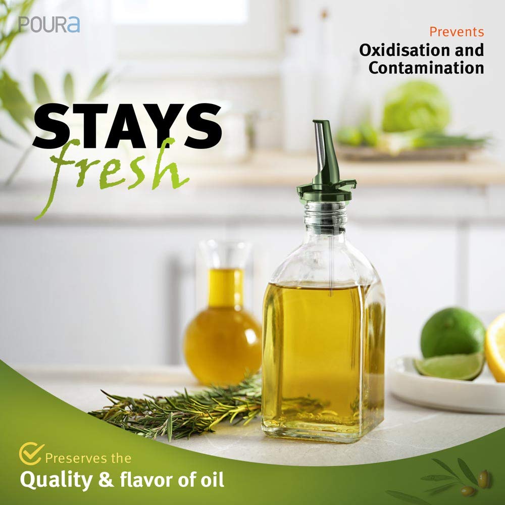 AIRTIGHT Olive Oil Pour Spout for Olive Oil Dispenser - UK Patented Oil Pourer - Hygienic One Handed Open Close Mechanism Keeps Oil Fresh. Dust Caps Cover | Screens Alternative - Green 2 PCs