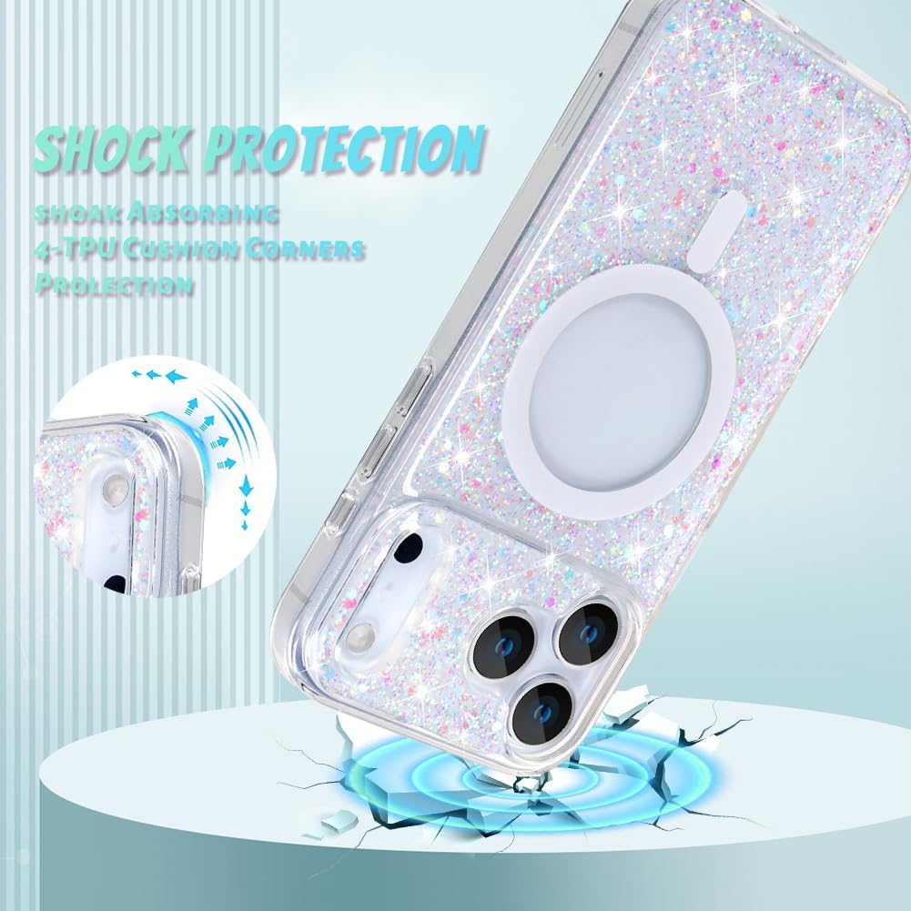 Bonoma 17 2025 for iPhone Pro Max Case Sparkly Glitter Bling Back, Magnetic Support for MagSafe Shockproof, Crystal