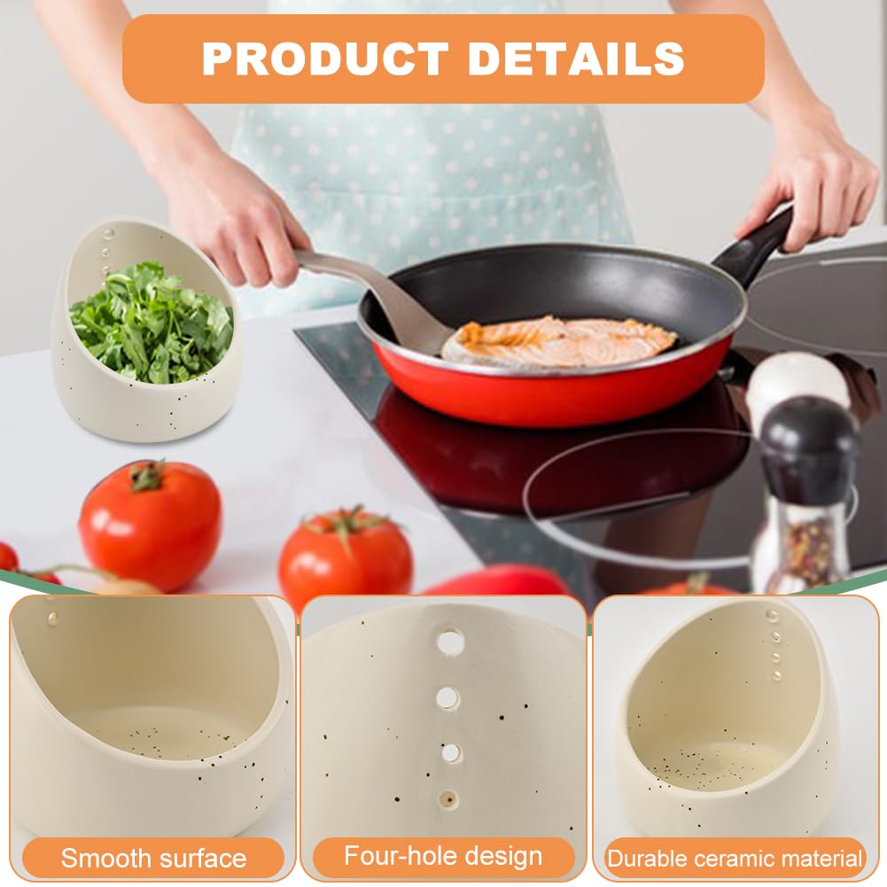 Herb Stripper Bowl, Handmade Ceramic Herb Stripper, Pottery Kitchen Efficient Leaf Removal Tool Available in Different Hole Sizes for Peeling the Stemmed Leaves(Color:White)