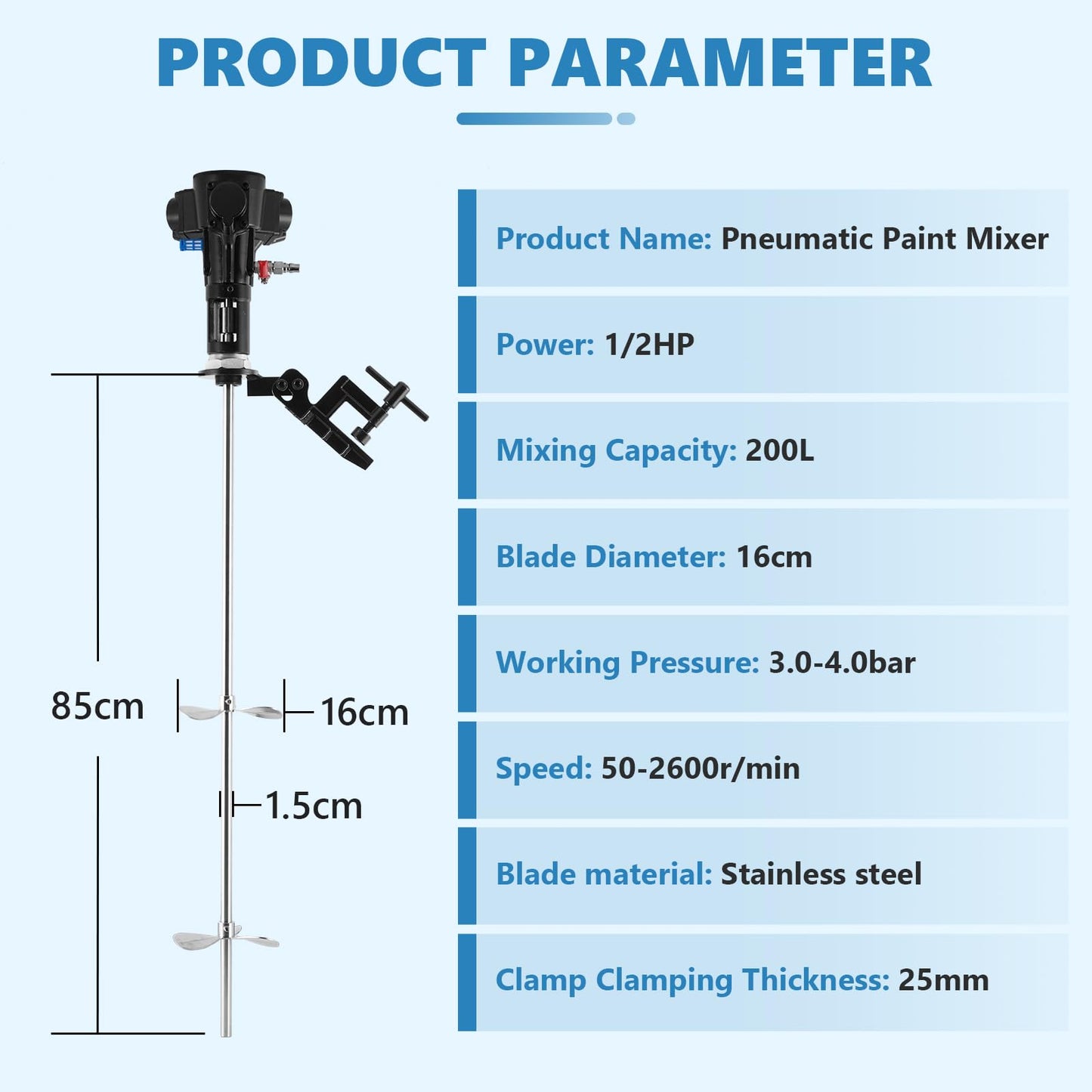MXBAOHENG 50 Gallon Pneumatic Paint Mixer Stainless Steel Tank Barrel Clip Bracket Mixer Air Agitator 1/2HP