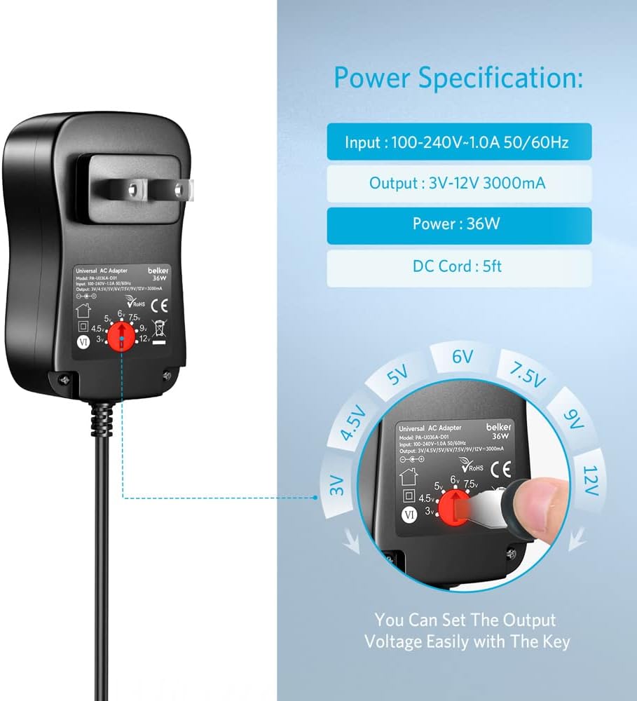 Belker 36W 3V 4.5V 5V 6V 7.5V 9V 12V 3A 3000mA Adjustable Voltage Universal AC/DC Adapter Power Supply for Household