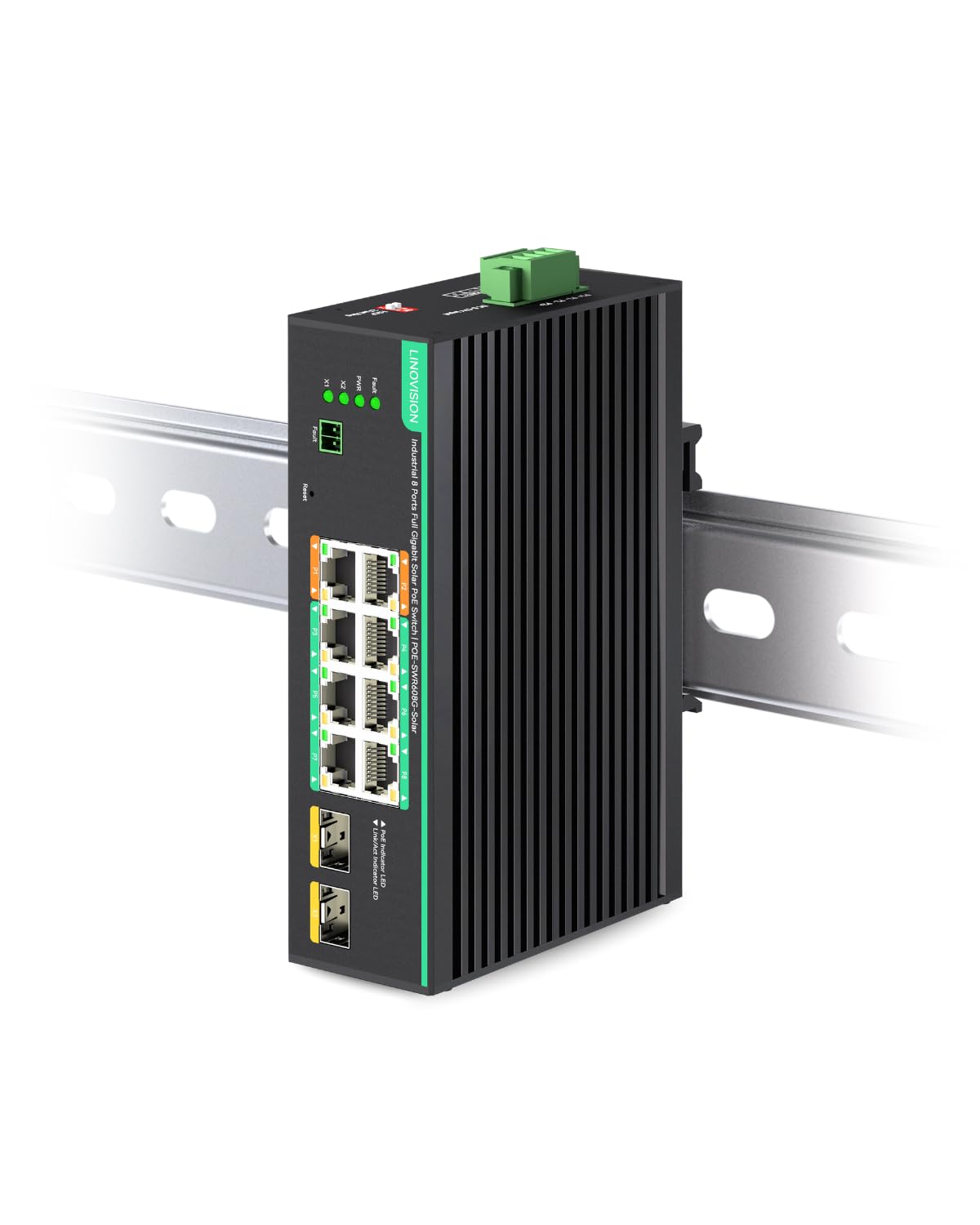 LINOVISION Industrial 8 Ports Full Gigabit PoE Switch Support DC 12~57V Input, 24V/ 12V PoE Switch for Solar or RV UPS System, 2 High PoE+ Ports for Big PTZ Cameras or Wireless APs. NDAA Compliant